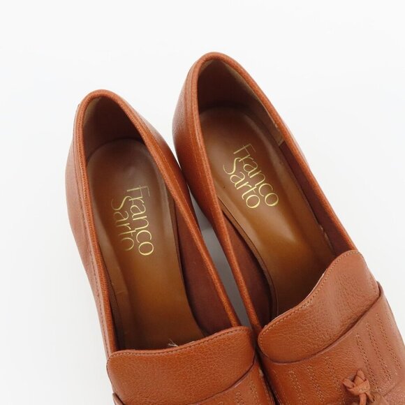 Franco Sarto Women 7.5 M ROME Cognac Brown Leather Tassel Gold Trim Loafer Heels - Picture 8 of 13